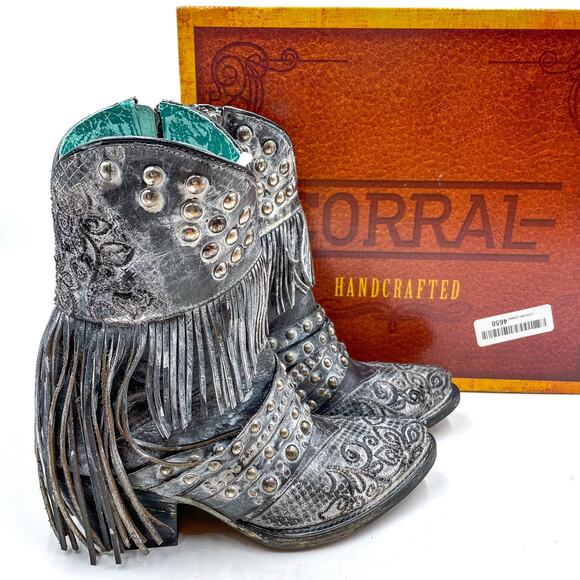 Corral Shoes - Corral Embroidery Studded Fringe Boots Grey Leather Ankle Western Sz 6.5 Z0103